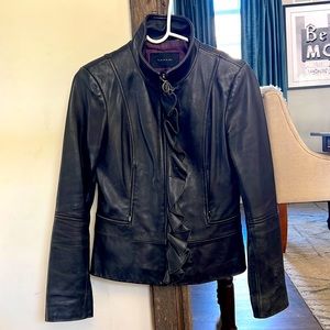 Black Tahari Leather jacket with Ruffles woman’s size Small